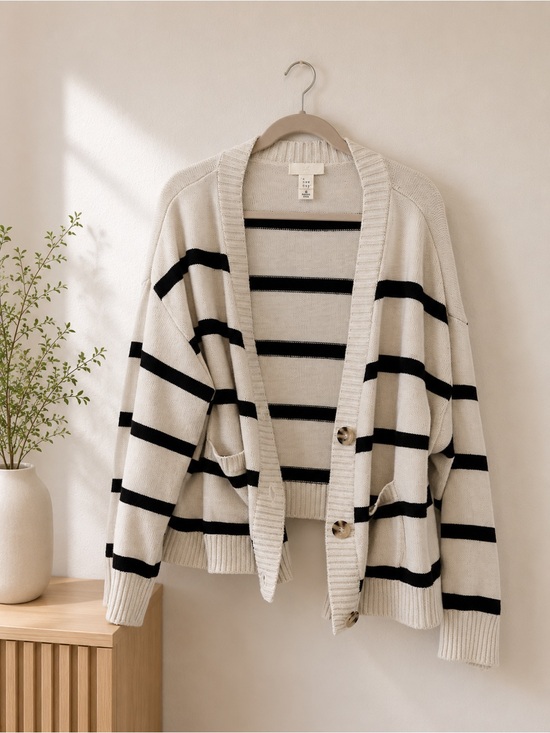 H&M Sweaters - H&M Cream and Black Striped Button-Front Cardigan